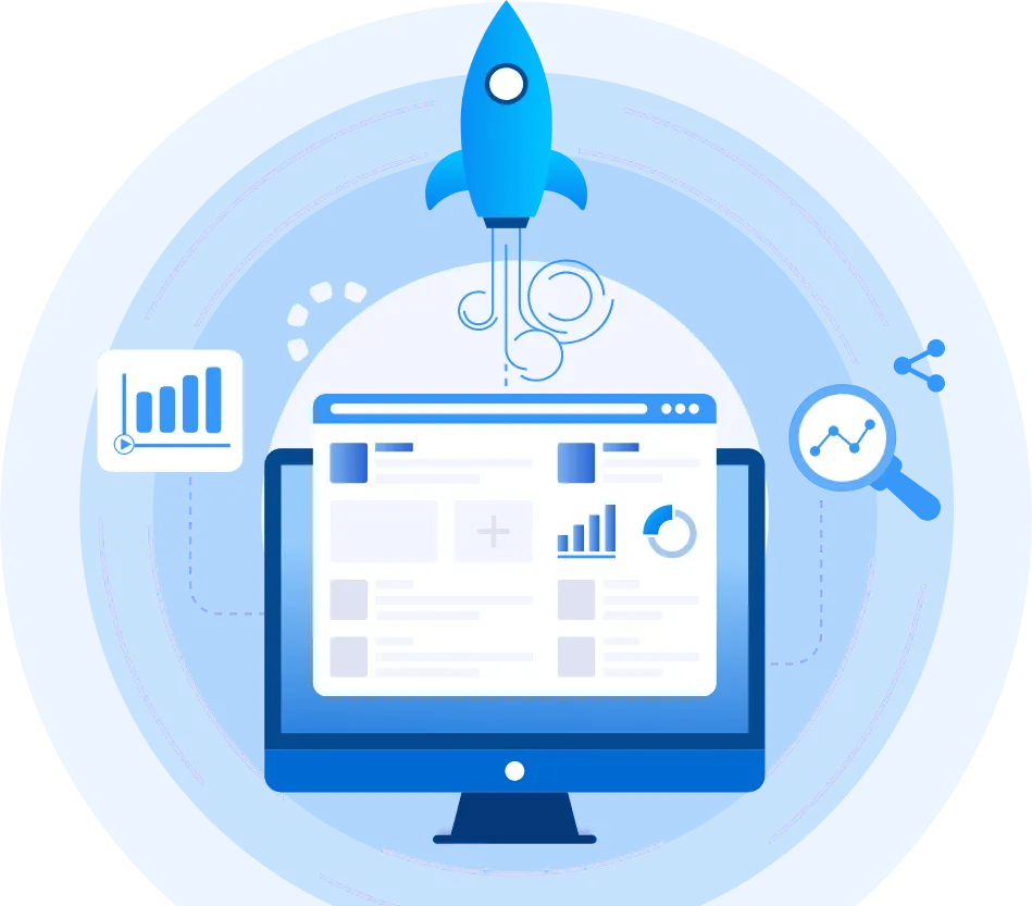 Illustration of a website launching with analytics